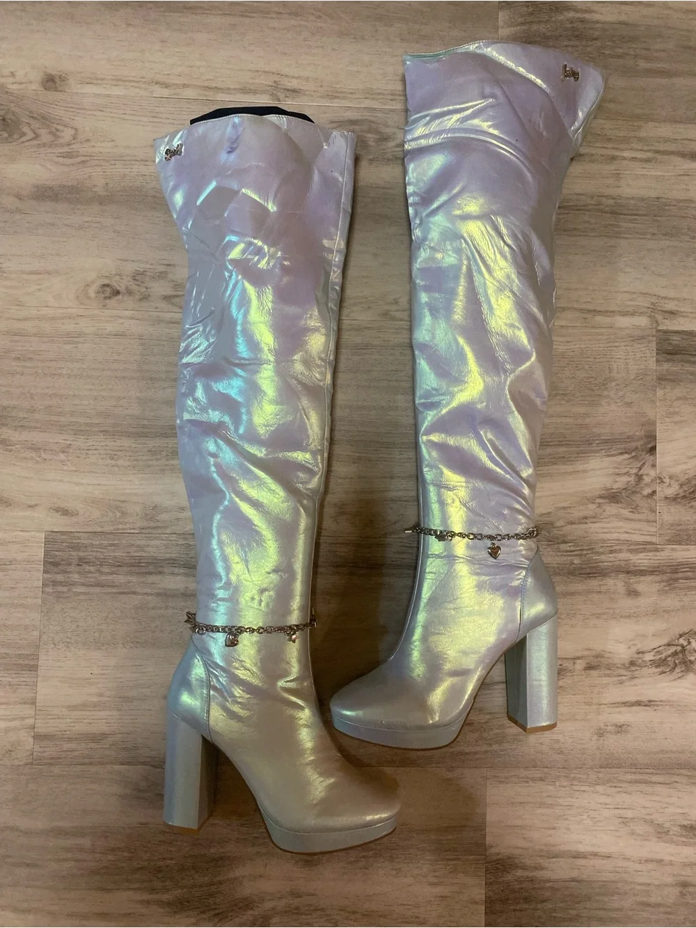 Sparkl Fairy Couture Iridescent Knee-High Platform Boots with Heart Chain- NWT